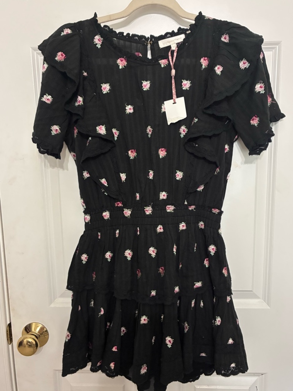 NWT LoveShackFancy Natasha Mini Dress XS Black Floral, Ruffle Tiered Cottagecore